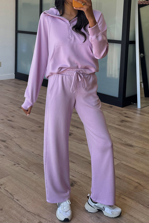 Half Zip Raglan Hoodie Thumbhole Wide Leg Pant Set